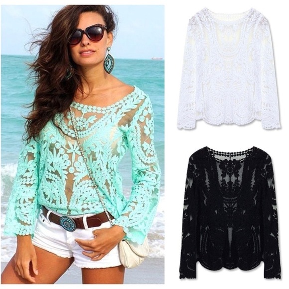 Semi sheer lace embroider crochet fits XS-M - Picture 2 of 8